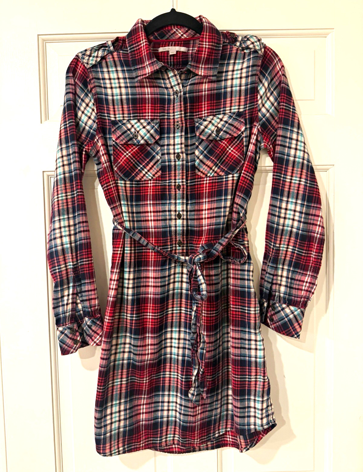 Gap Plaid Flannel Shirt Dress Women’s XS Red Belted Ultra Soft