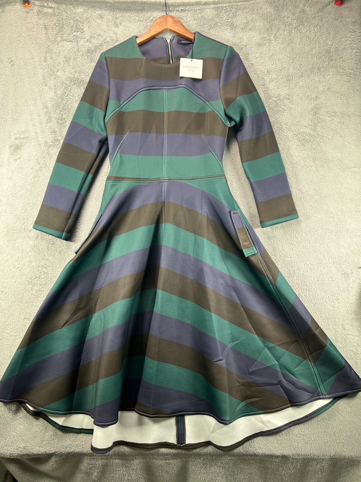 HAODUOYI Juniors 2XL Dress Green Stripe A Line Flare Open Back Long Sleeve NWT