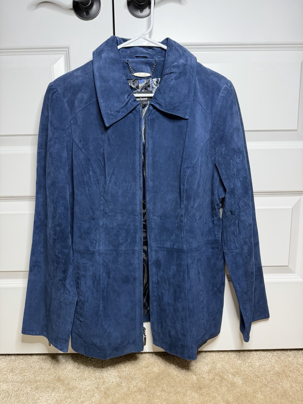 Dennis Basso Blue Suede Leather Jacket Womens Large Genuine Leather Coat