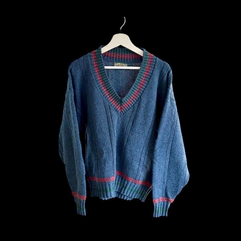Vintage 80’s American Eagle Wool V Neck Varsity Sweater Large Wool Nylon Blue