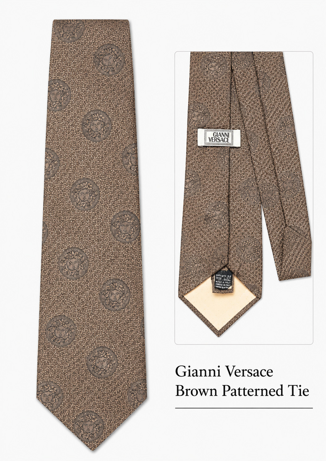 Vintage Gianni Versace Tie Brown Medusa Circle Pattern Designer Necktie