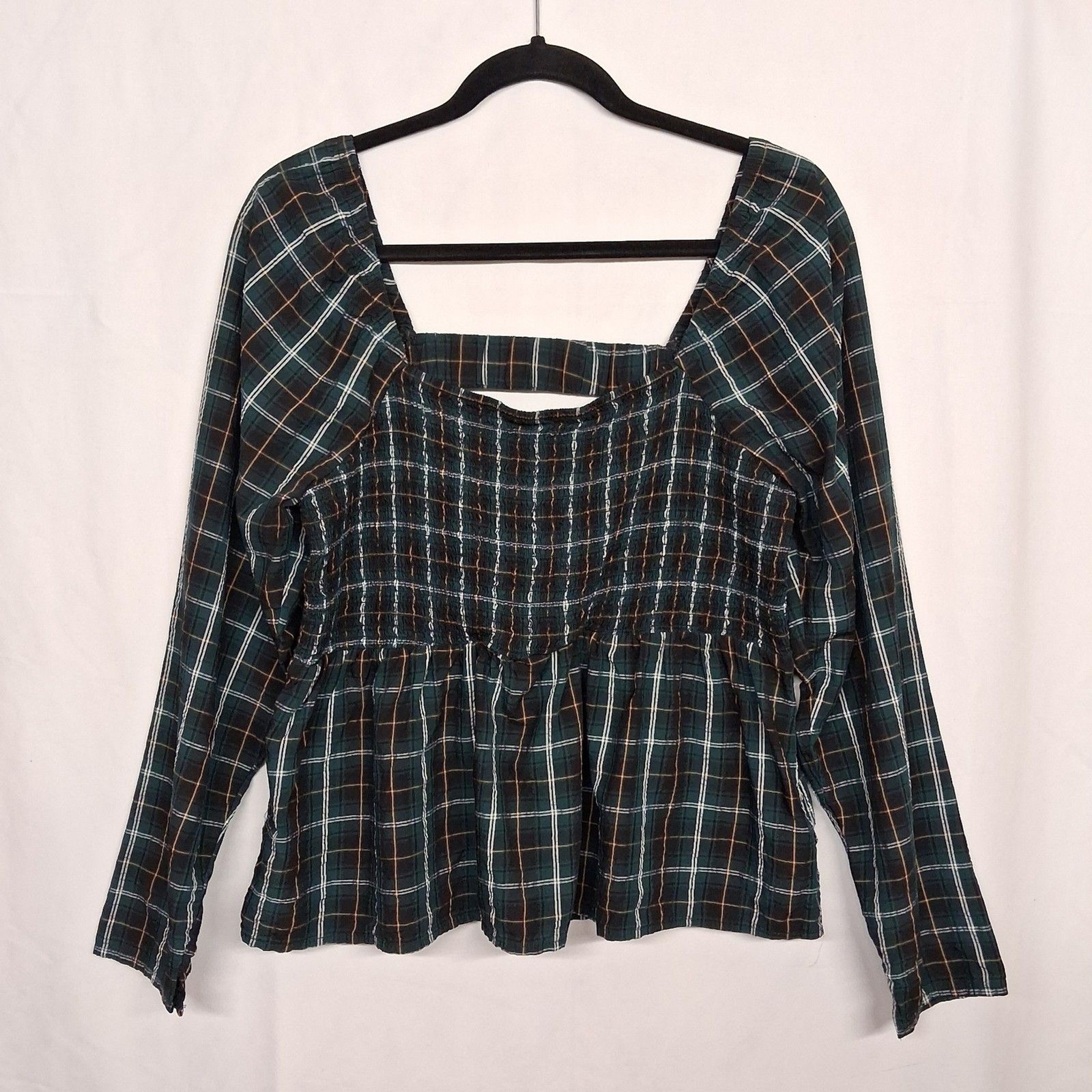 OLD NAVY Plaid Peplum Top Smocked Square Neck Long Sleeve Green Print Large