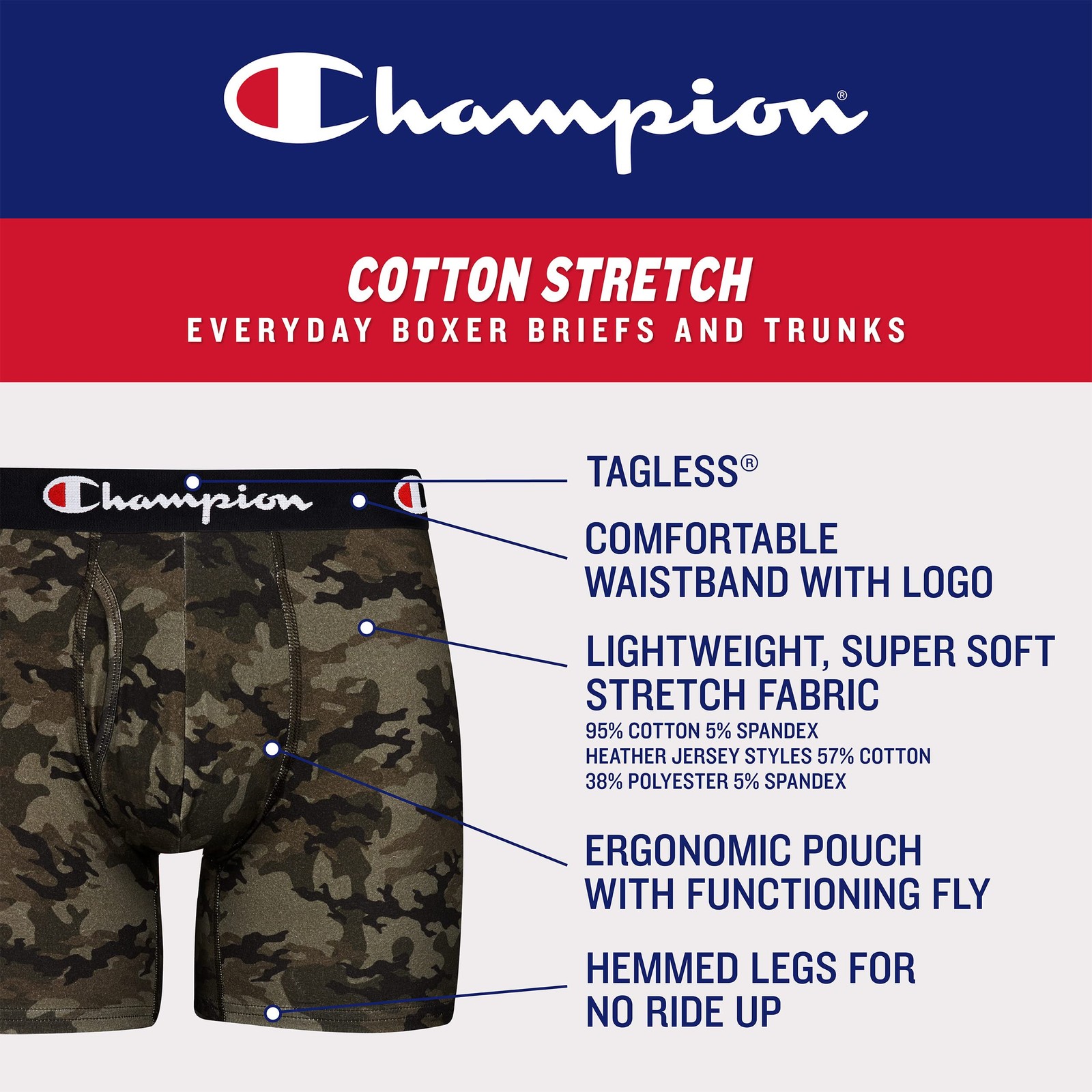 Champion Men’s Boxer Briefs, Cotton Stretch Underwear Large, Black – 5 Pack