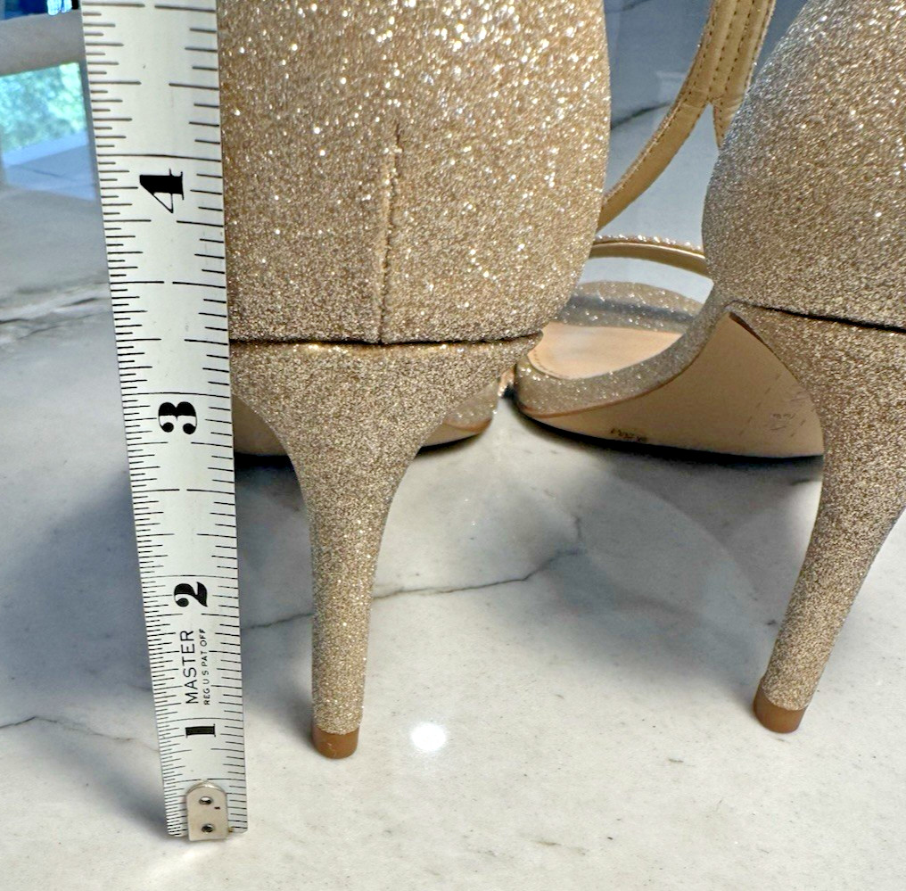 Gianni Bini Shaylinn sand gold t-strap strappy heels glitter sparkle shiny 9.5