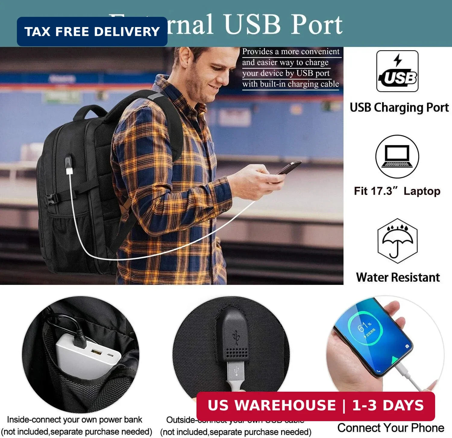 Extra Large Backpack for Men 50L,Water Resistant 17.3 inch Travel Laptop Backpac