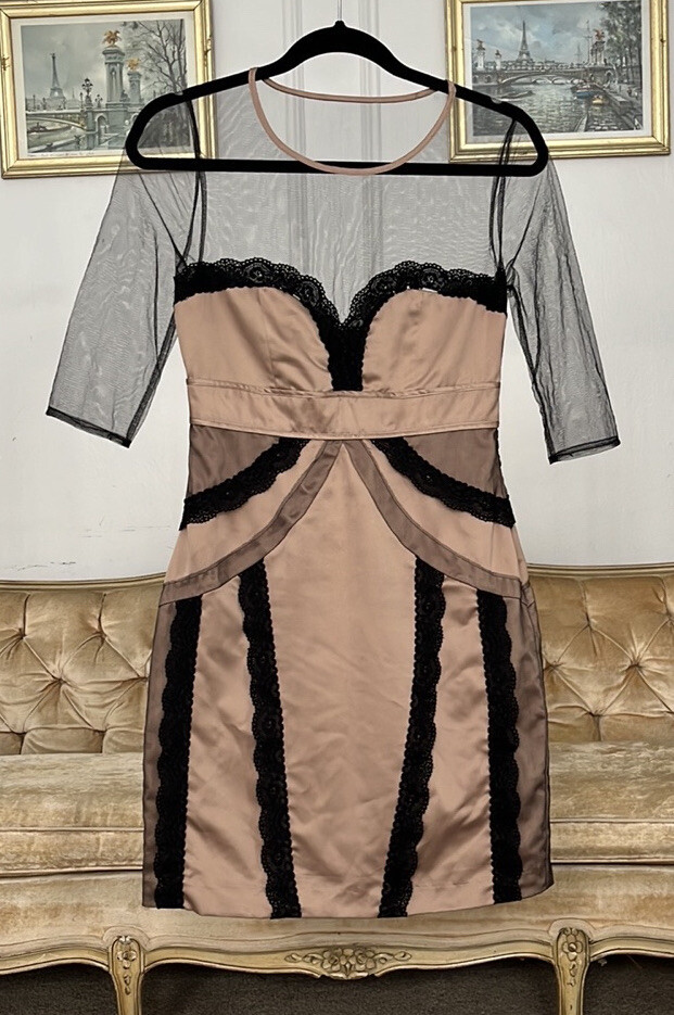 Vintage ASOS Champagne color satin, mesh and lace cocktail dress Y2K small VTG