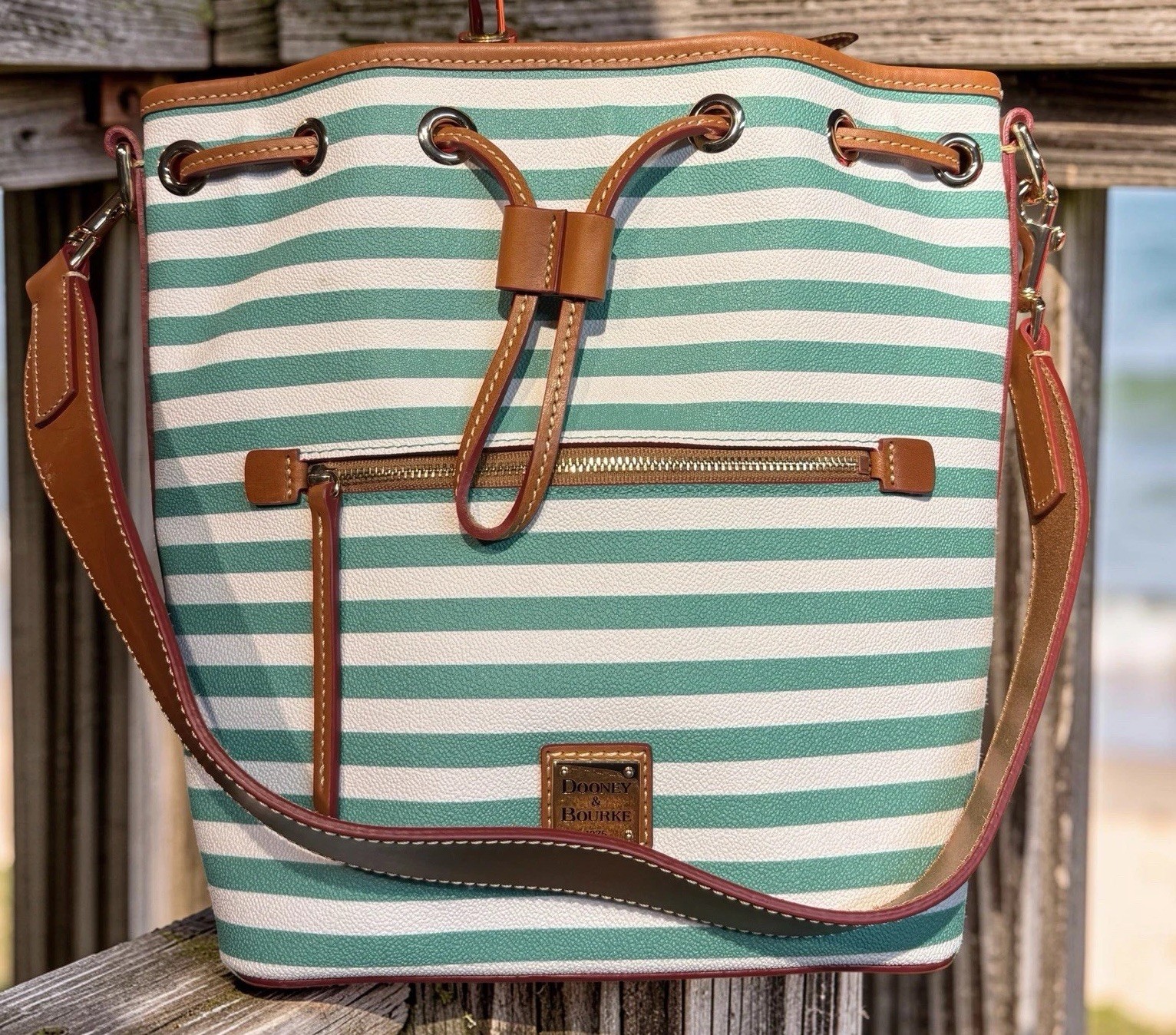 Dooney Bourke Sullivan Stripes Seafoam Spearmint Green Drawstring Bucket Bag