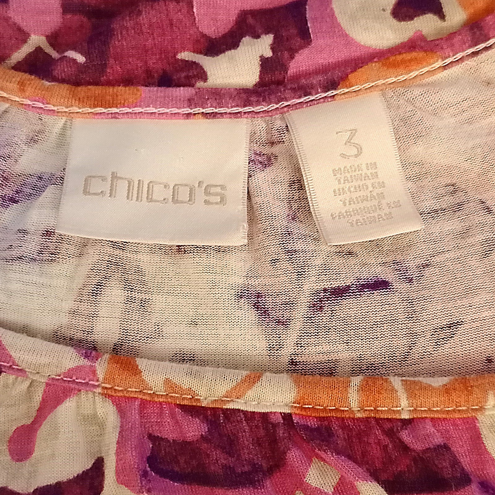 Chico’s Top 3 XL Purple Orange Abstract Print Lightweight Artsy Knit Plus Tunic