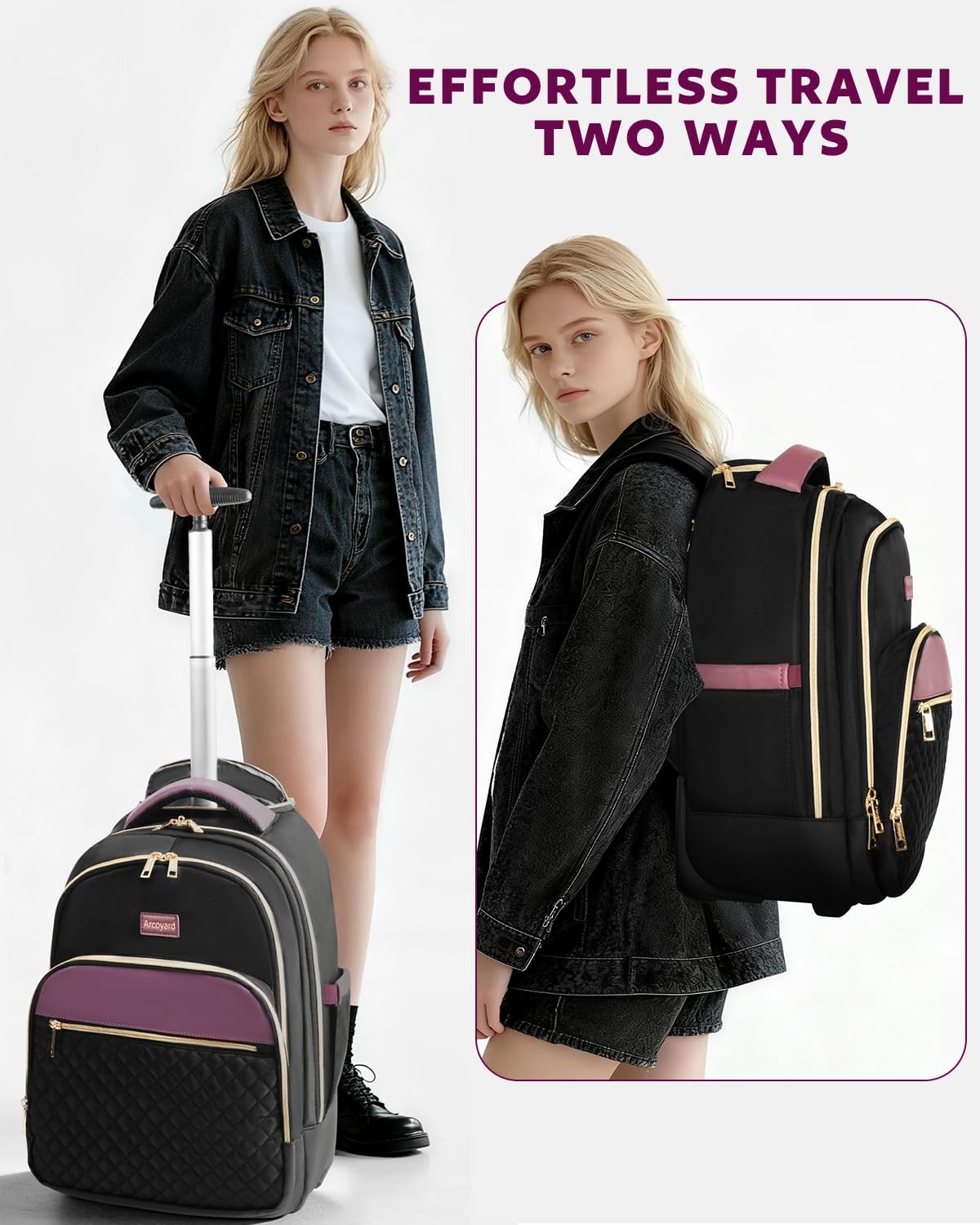 Arcoyard Rolling Backpack, 17 Inch Laptop With Wheels for Women, Black Purple