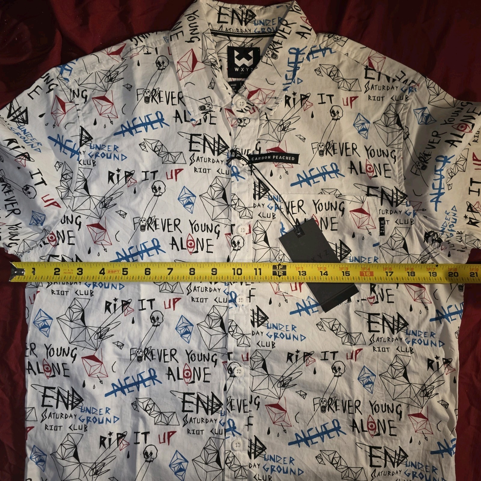 WXYZ brand button up “Forever Young” “Alone” and other sayings Size Small NEW