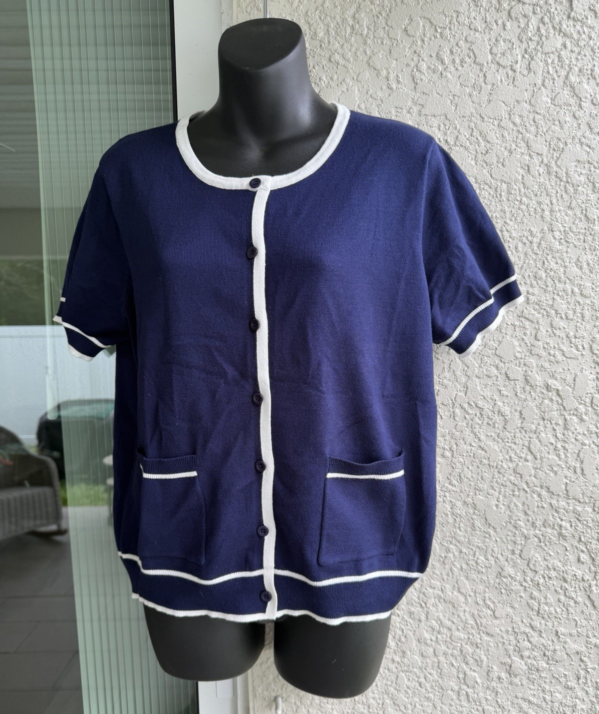 Grace Karin Blue/White Trim Knit Cardigan Sweater Button Front Pockets Juniors L