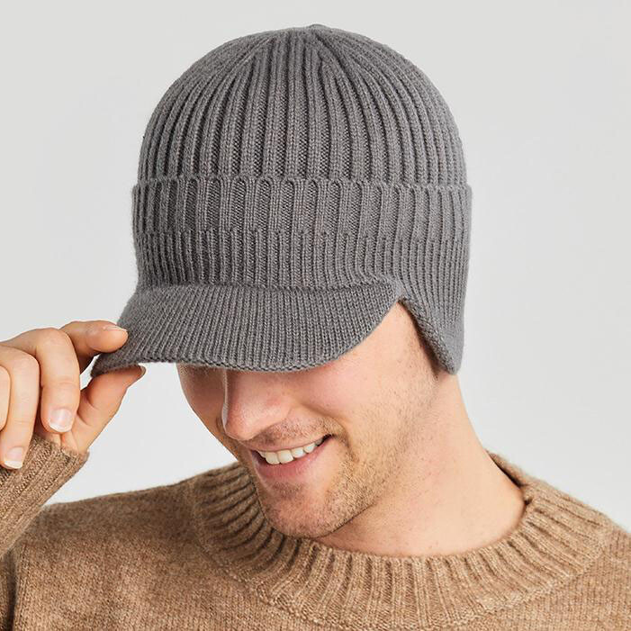 Men Women Knit Hat Winter Warm Stretch Beanie Ear Flaps Cap Outdoor Brim Ski Hat