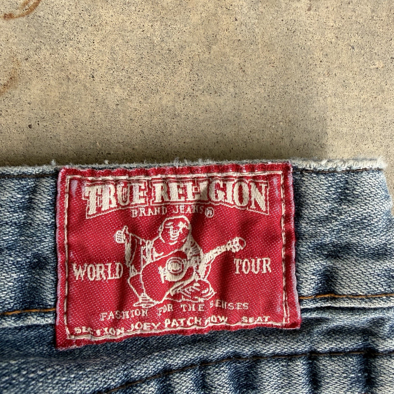 True Religion Joey Patch Old Stone Twisted Flare Jeans 27×31 Made In USA