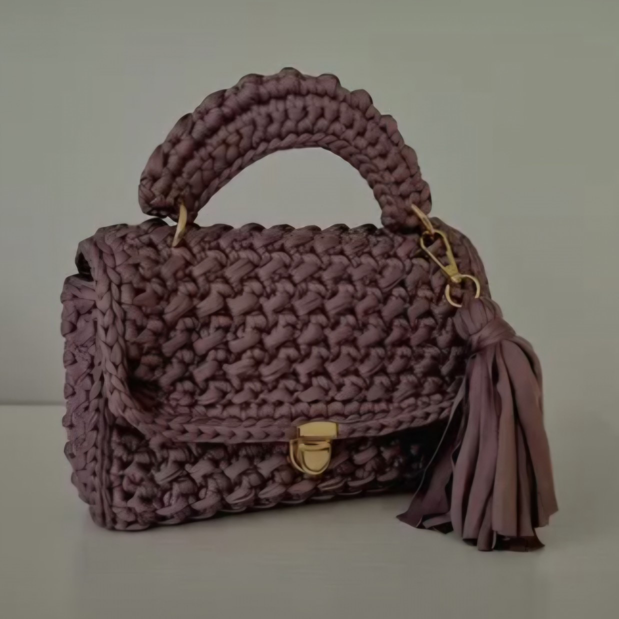 Purple Braided Top Handle Bag Turn Lock Tassel Bag Charm Gold Hardware Women