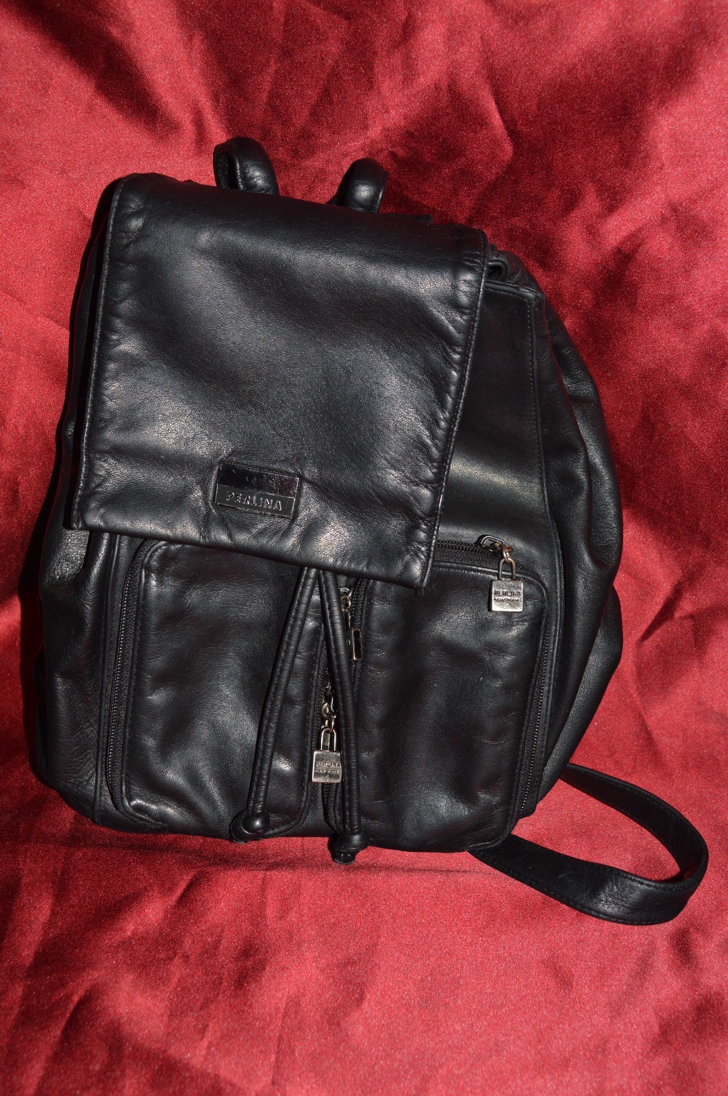 VINTAGE PERLINA BLACK LEATHER BACKPACK HANDBAG W/ PADLOCKS