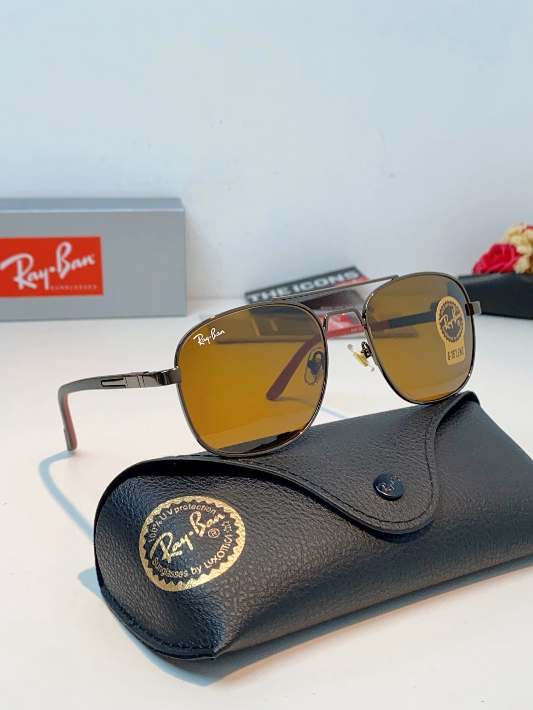 Ray-Ban RB3669 Gunmetal Square Sunglasses 57-20-145 G15 Amber Brown Lens
