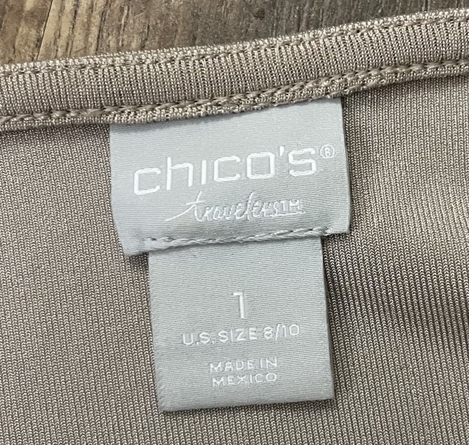 Chicos Travelers Slinky Knit Top Size 1 Medium Black Beige Art to Wear Blouse