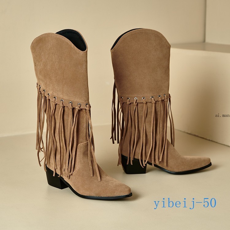 Women Tassel Mid Calf Boot Velvet Western Cowgirl Shoes Dress Formal Fall Winter