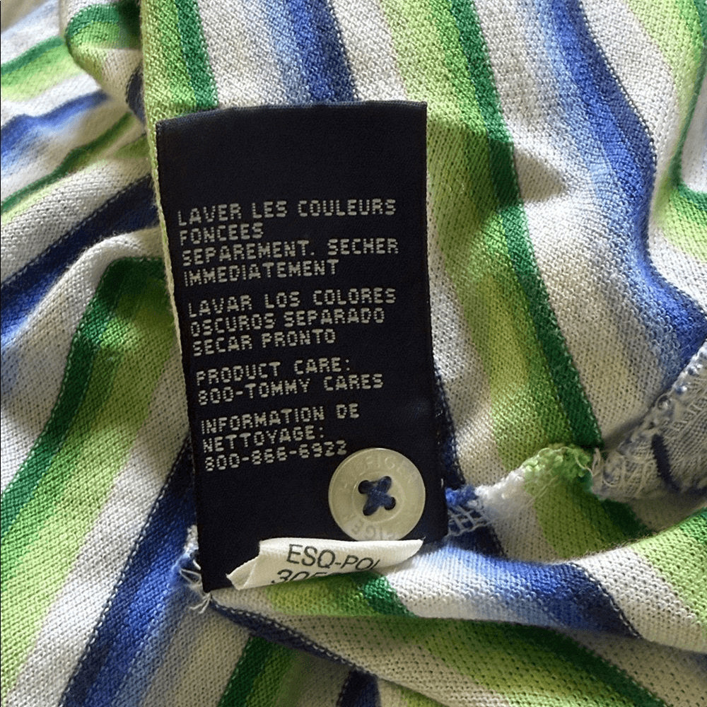 Tommy Hilfiger Striped Polo in Lime Green, Blue & White with Navy Collar