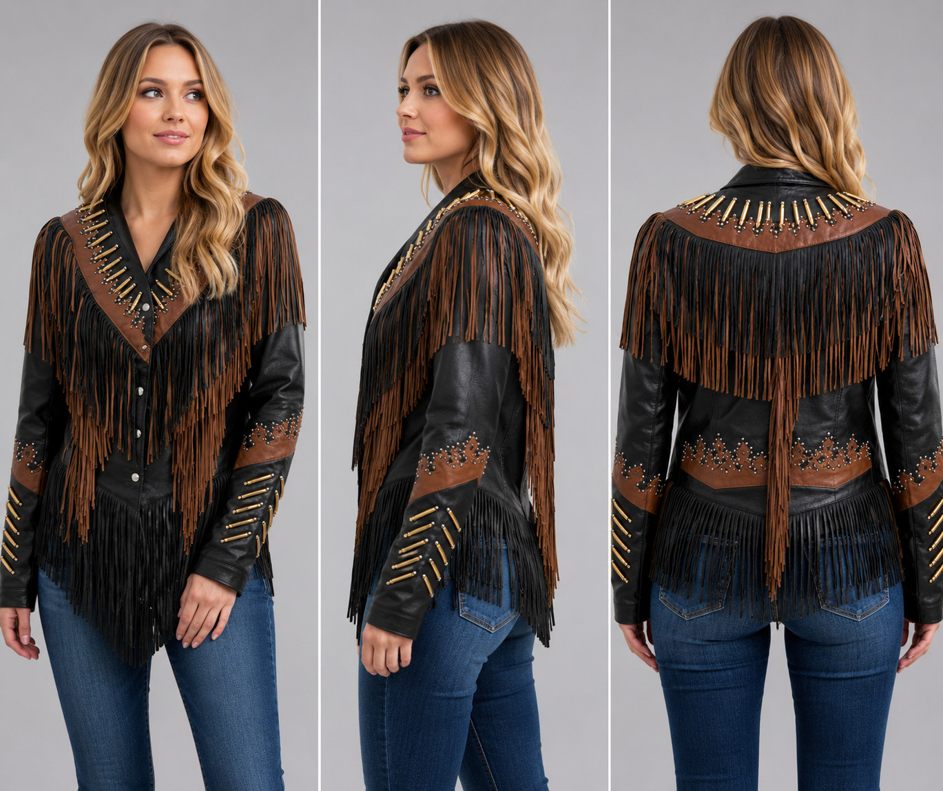 Women Native American Western Leather Jacket Lamb Fringe Beaded Cowboy Coat #11A