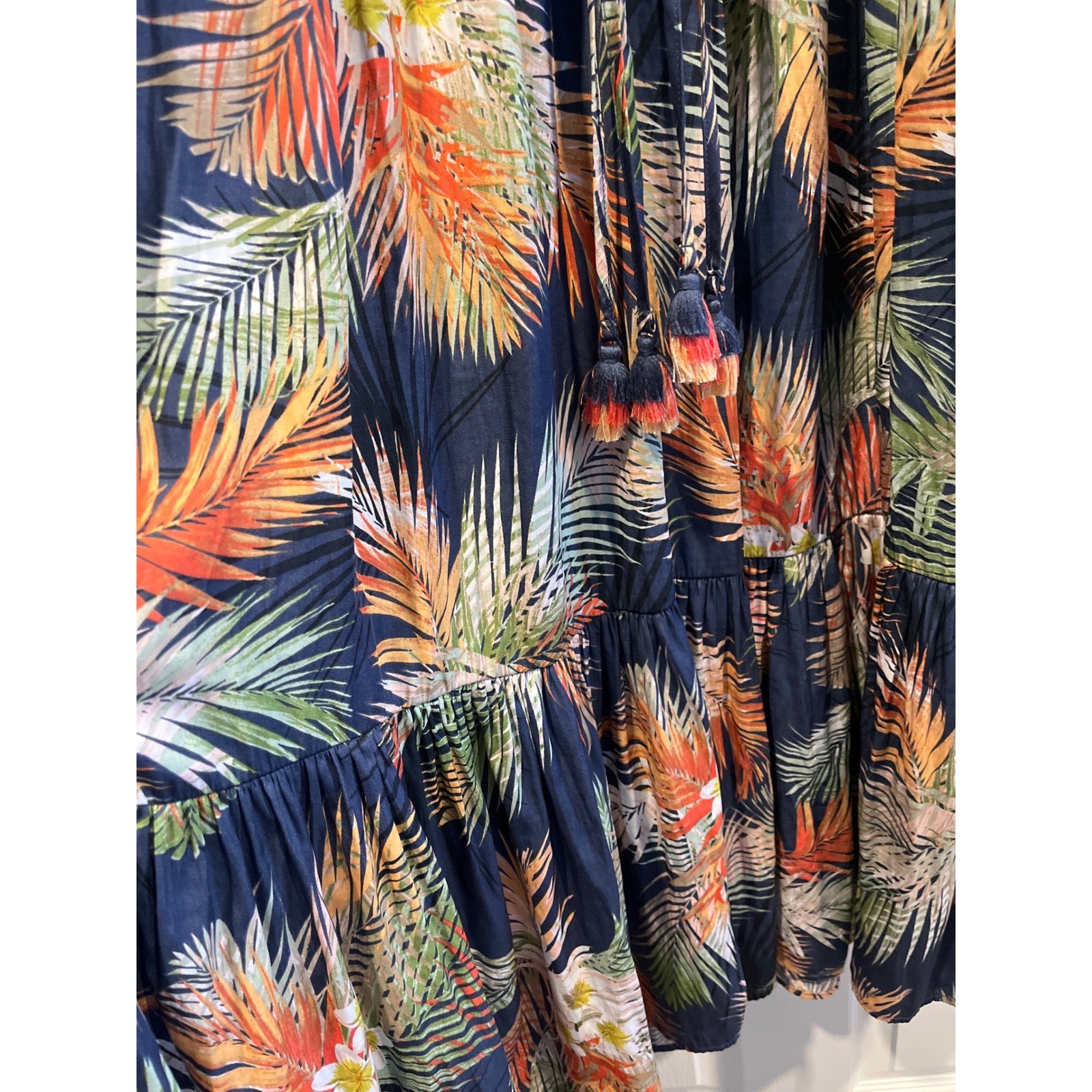 Terra & Sky Navy Tropical Palm Print Smocked Tiered Maxi Dress Sleeveless Womens