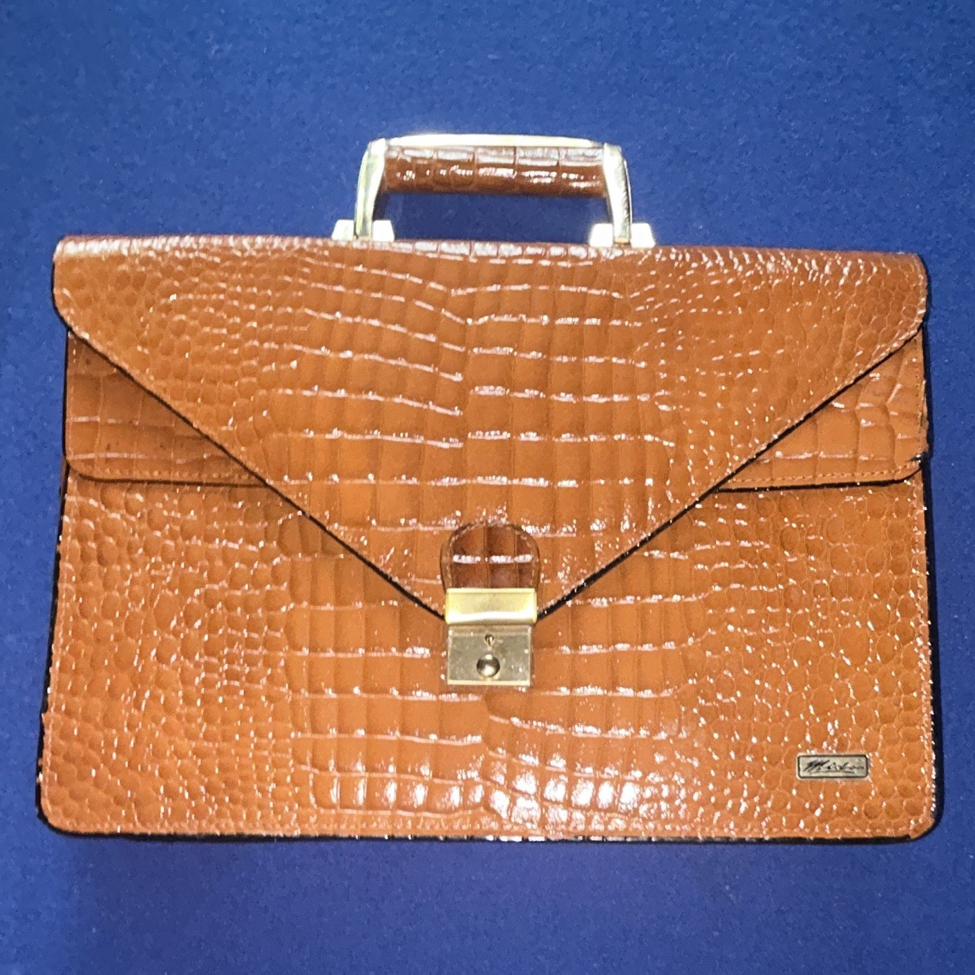 Mido Brown Croc Pattern Top Handle Satchel Push Lock/Zip Gold Hardware Lined