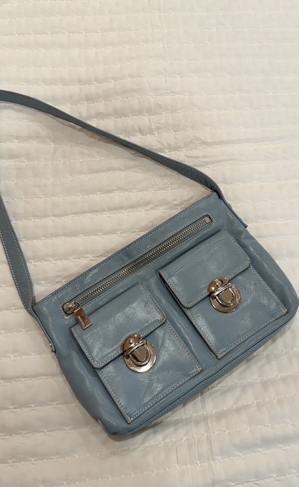 Perlina Vintage Light Blue Shoulder Bag Silver Hardware Turn Lock Zipper Accents