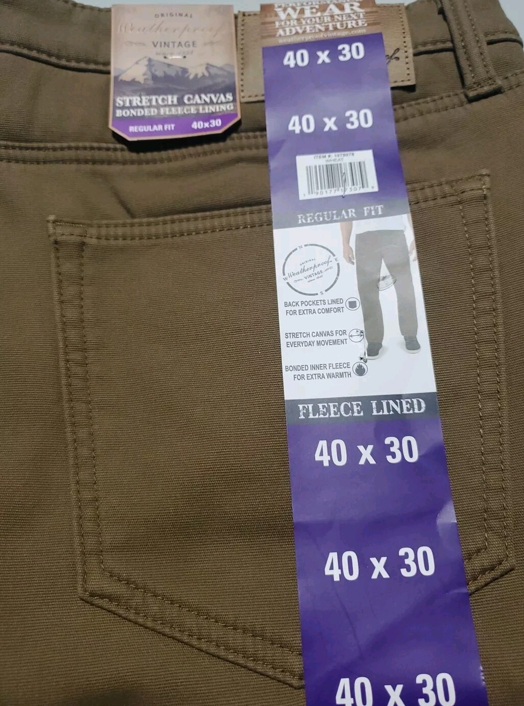 Weatherproof Vintage Men’s Fleece Stretch Canvas Regular Fit Pants, Wheat 40×30