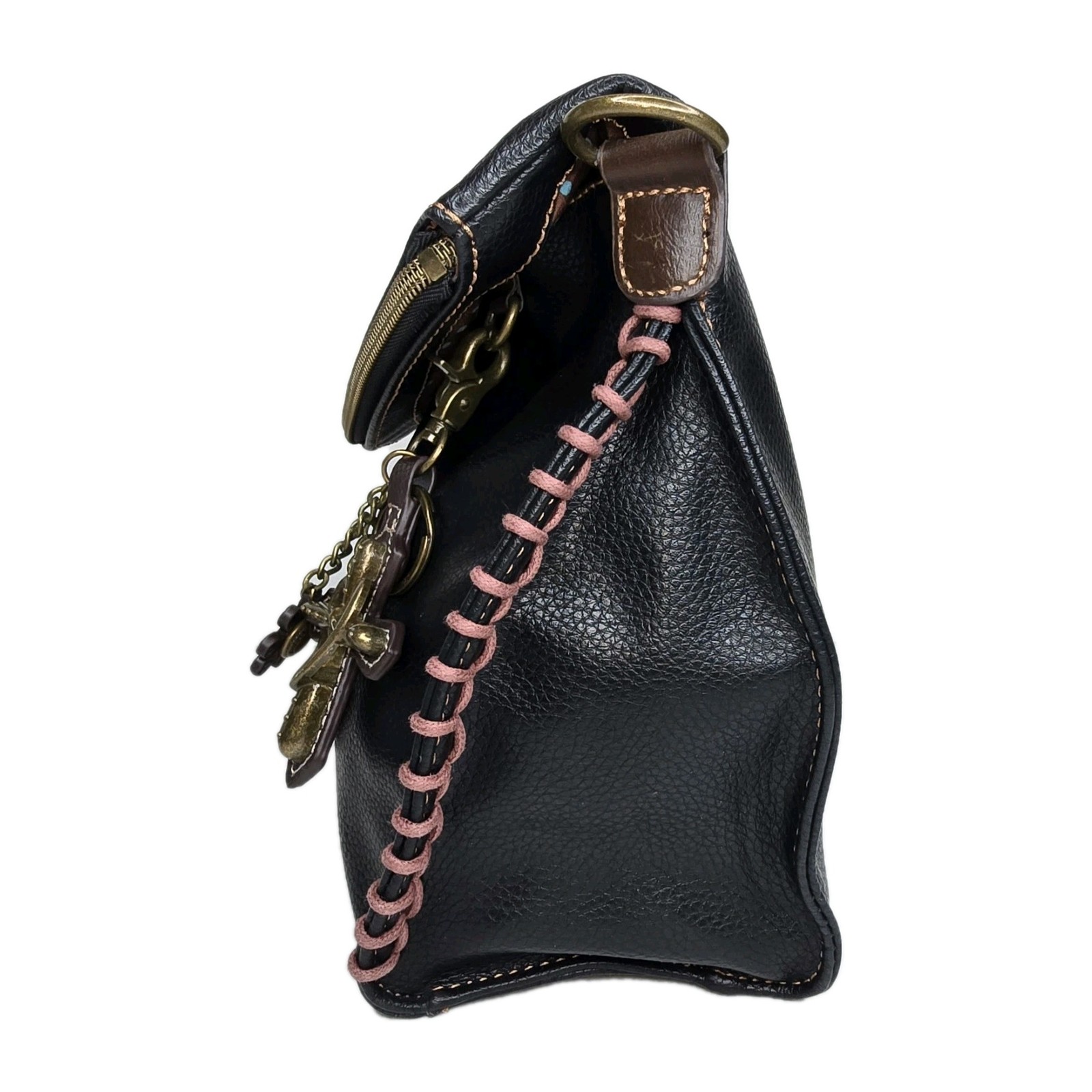 Chala Handbags Charming Crossbody Bag Flap Top Zipper Black + Cross Purse Charm