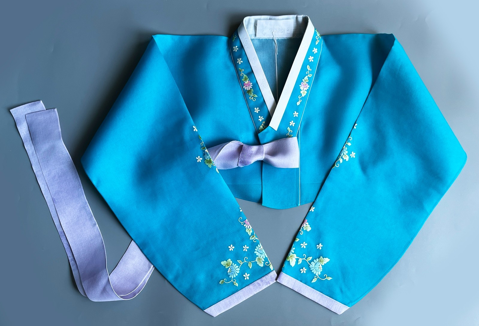 M Silk Traditional Korean Hanbok Set–Turquoise Blue Top/ Skirt with Floral Print