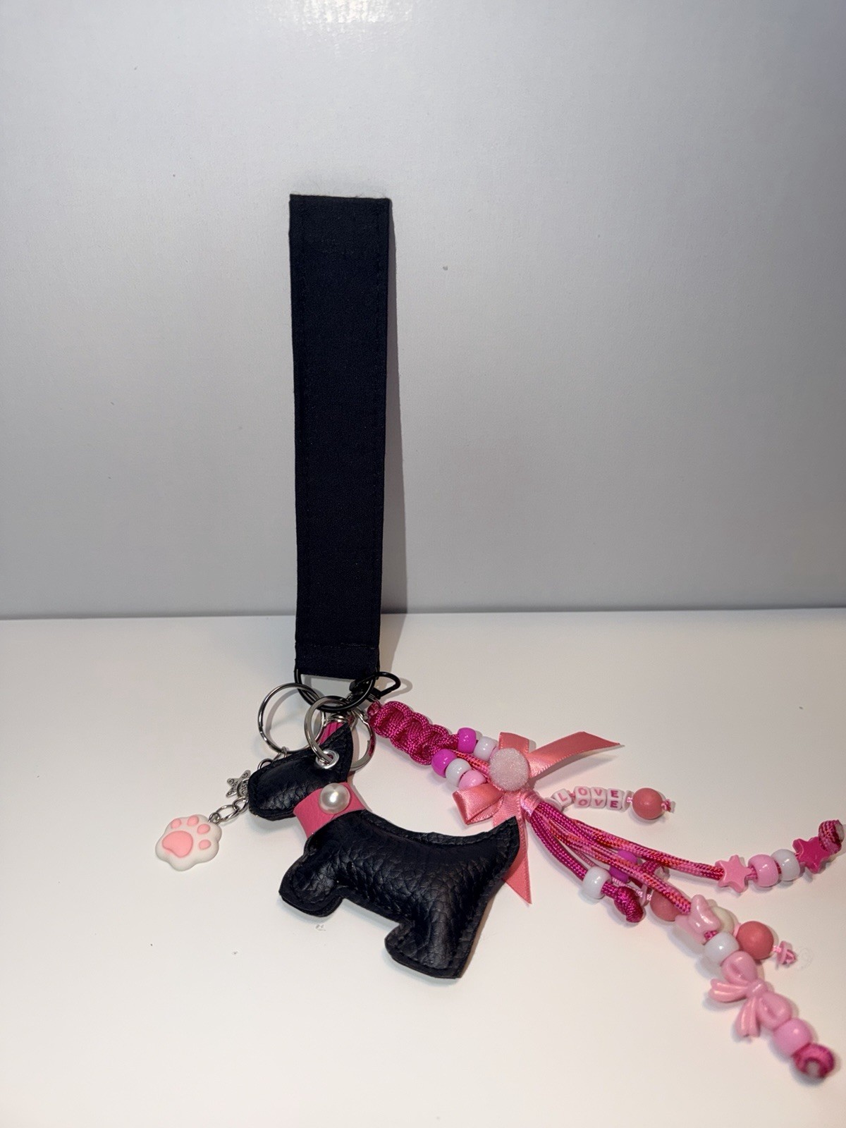 Black & Pink Dog Charm Wristlet Key Chain Faux Leather Beaded Tassel Bow