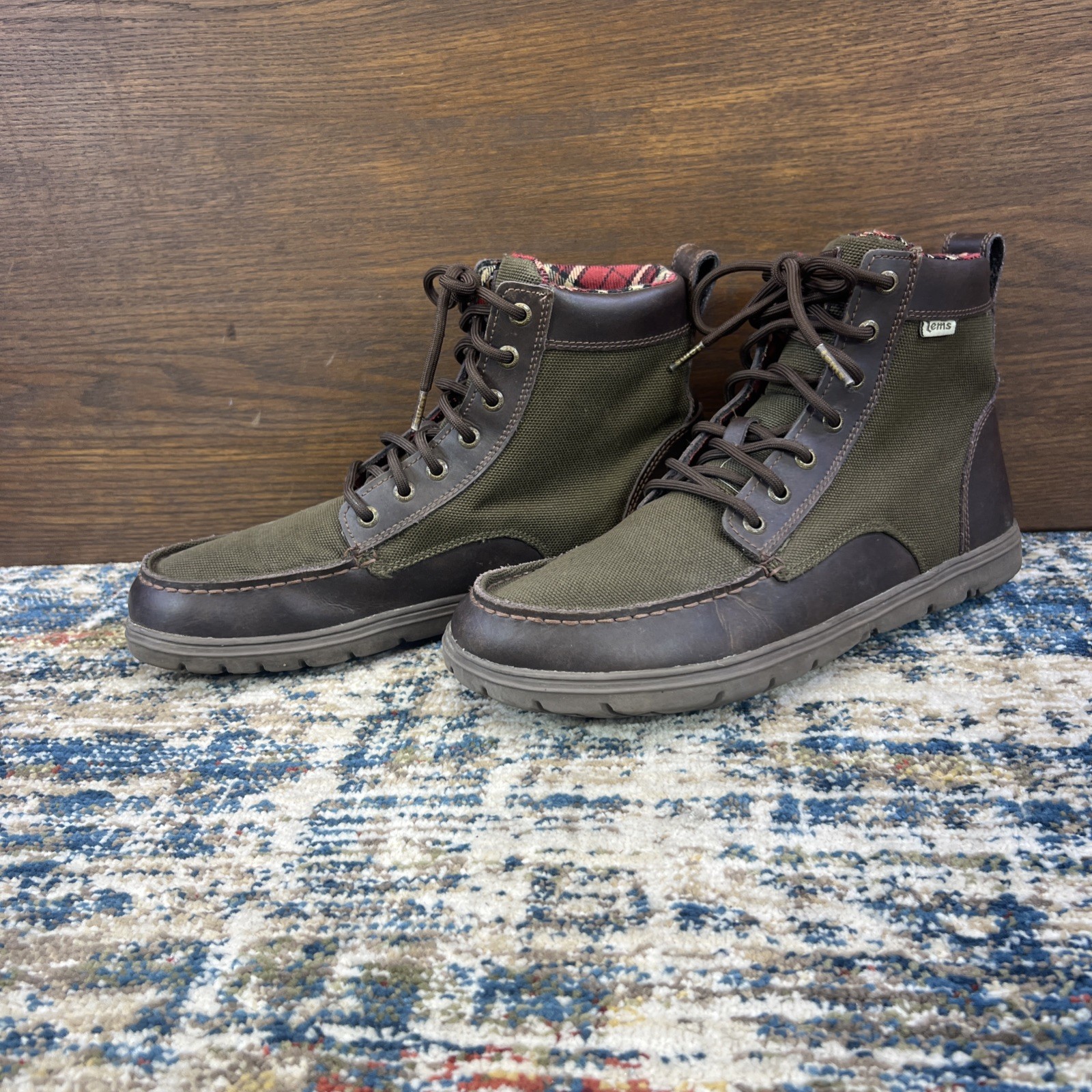 Lems Boulder Boots Timber Green Brown Leather Plaid Lined Mens Sz EU 44 US 10.5
