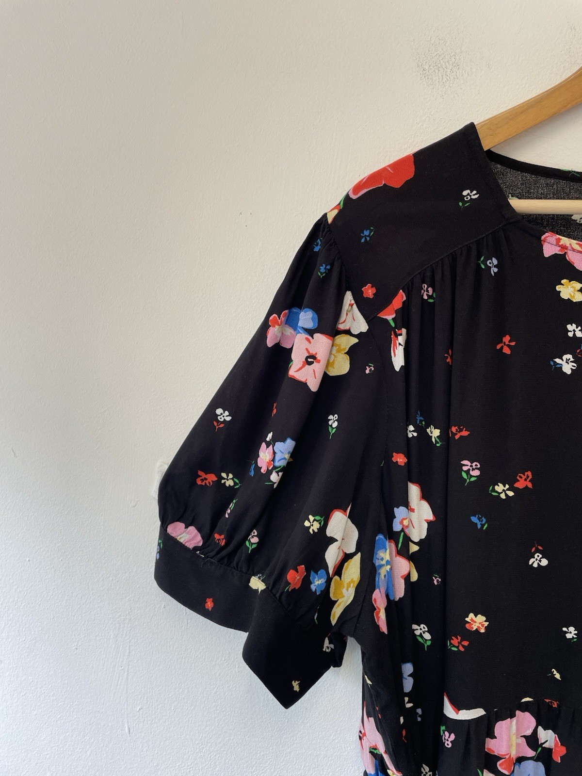 M&S Floral Print Midi Dress Size 24 Black Multi Tiered Button Detail Belted