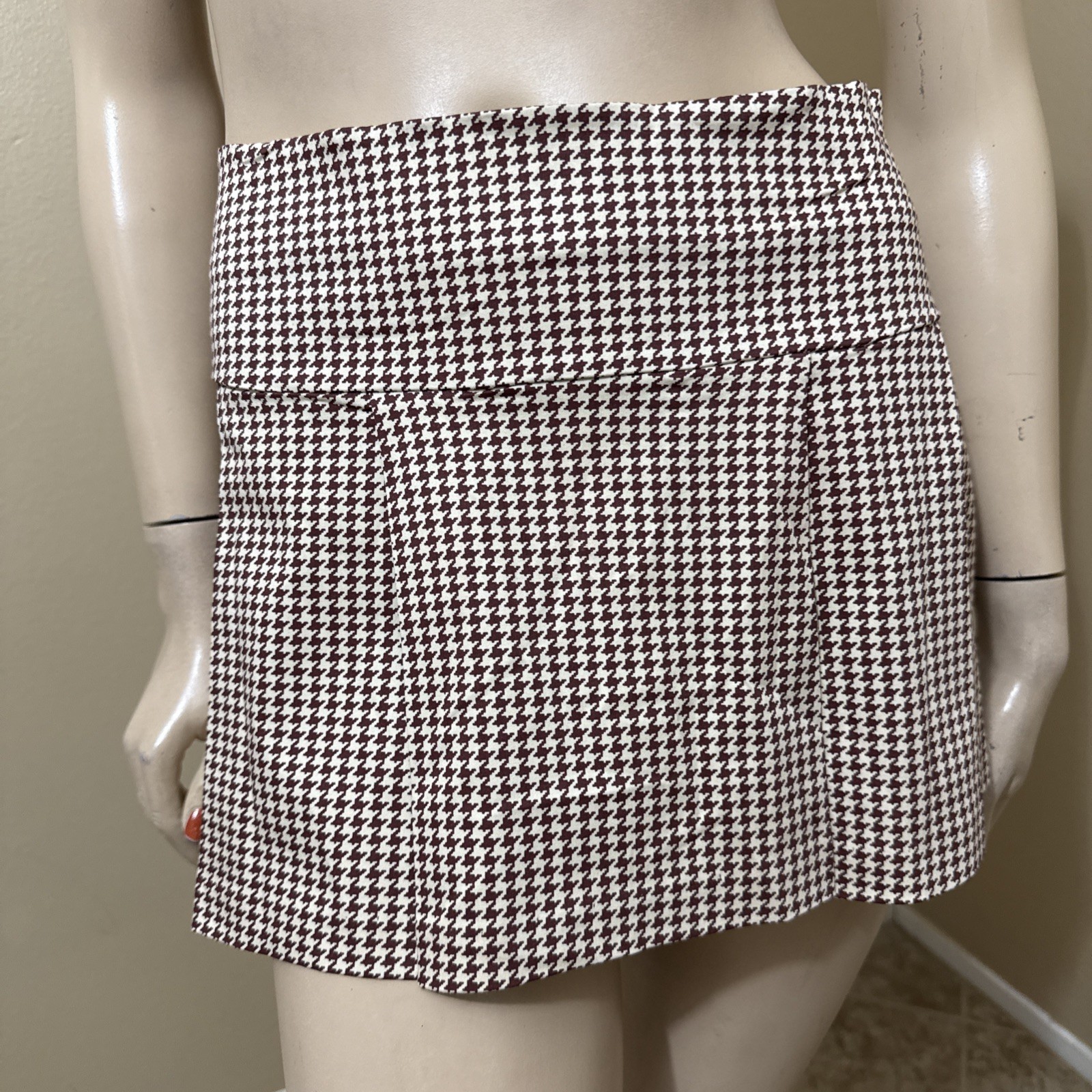 Women’s Ivory Brown Check Cotton Casual Stretch Pleated Zipper Size M Skirt