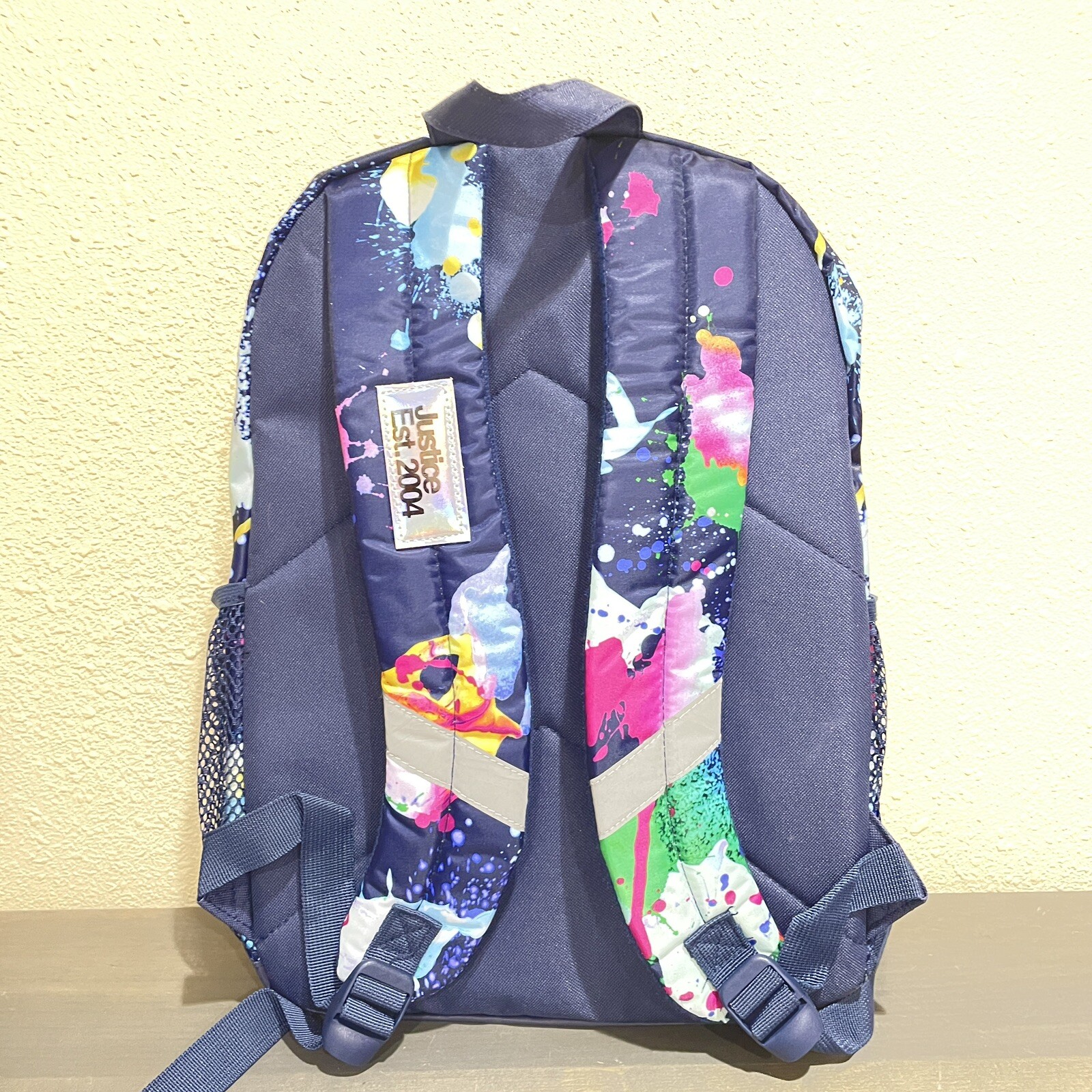 Justice Colorful Backpack School Bag Blue Silver splash Paint mesh pockets NWT