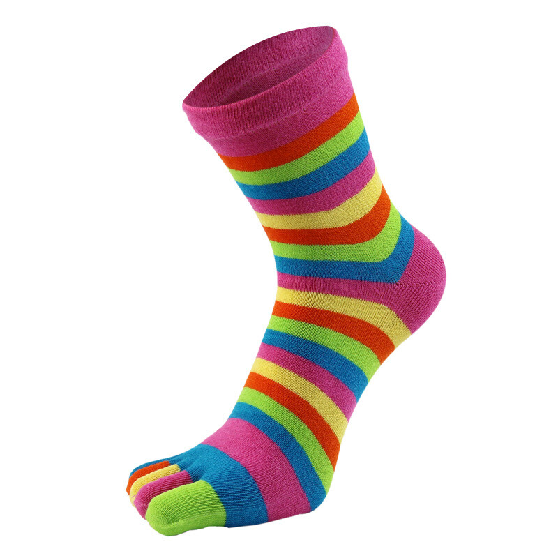 5 Pairs Women Five Finger Toe Socks Crew Sport Colors Causal Rainbow Striped 5-9