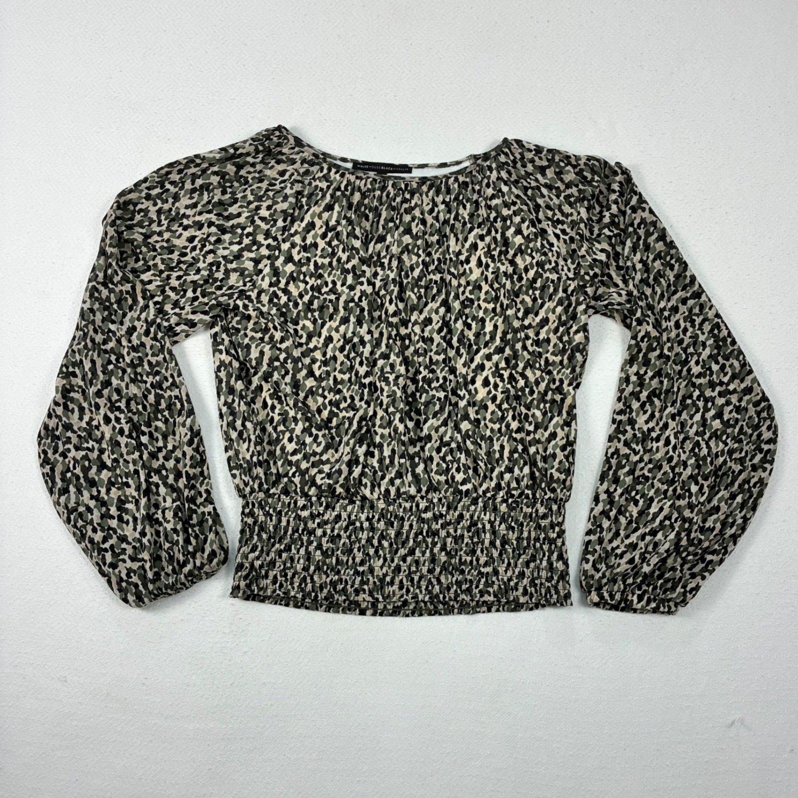Edgy Cottagecore Camo Print Smocked Blouse with Bell Sleeves M
