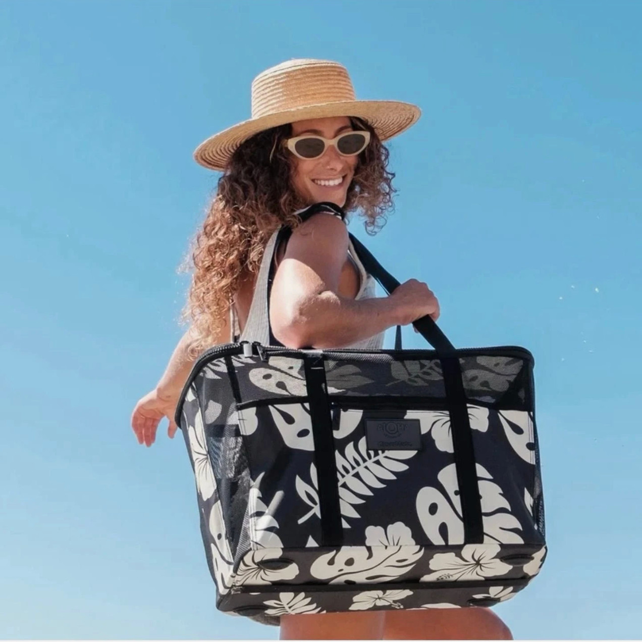 ALOHA Collection CleverMade Collapsible Beach Tote Bag Black NWT