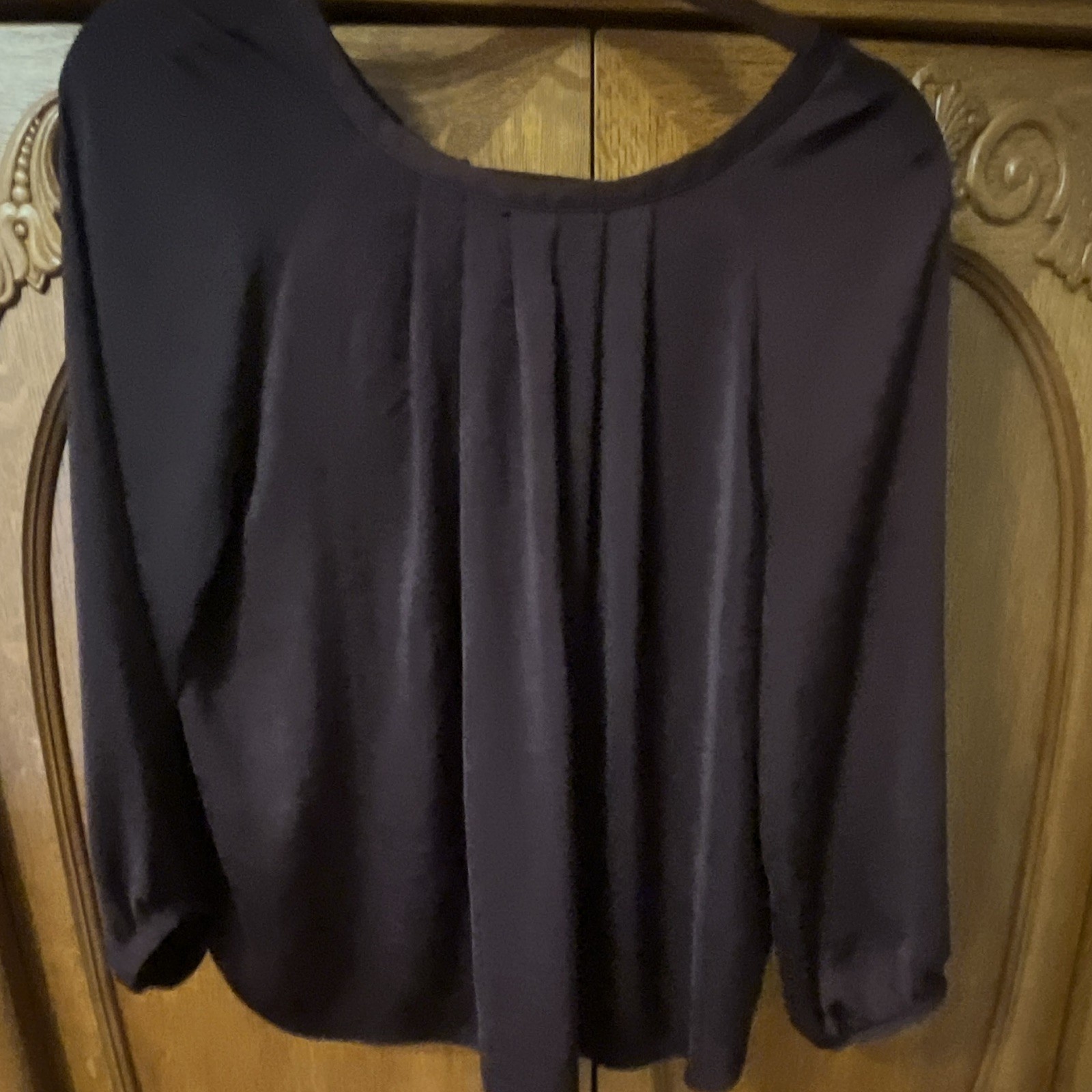 LOFT Burgandy Solid Round Neck 3/4 Sleeve Pleated Tie Back Blouse Regular MP