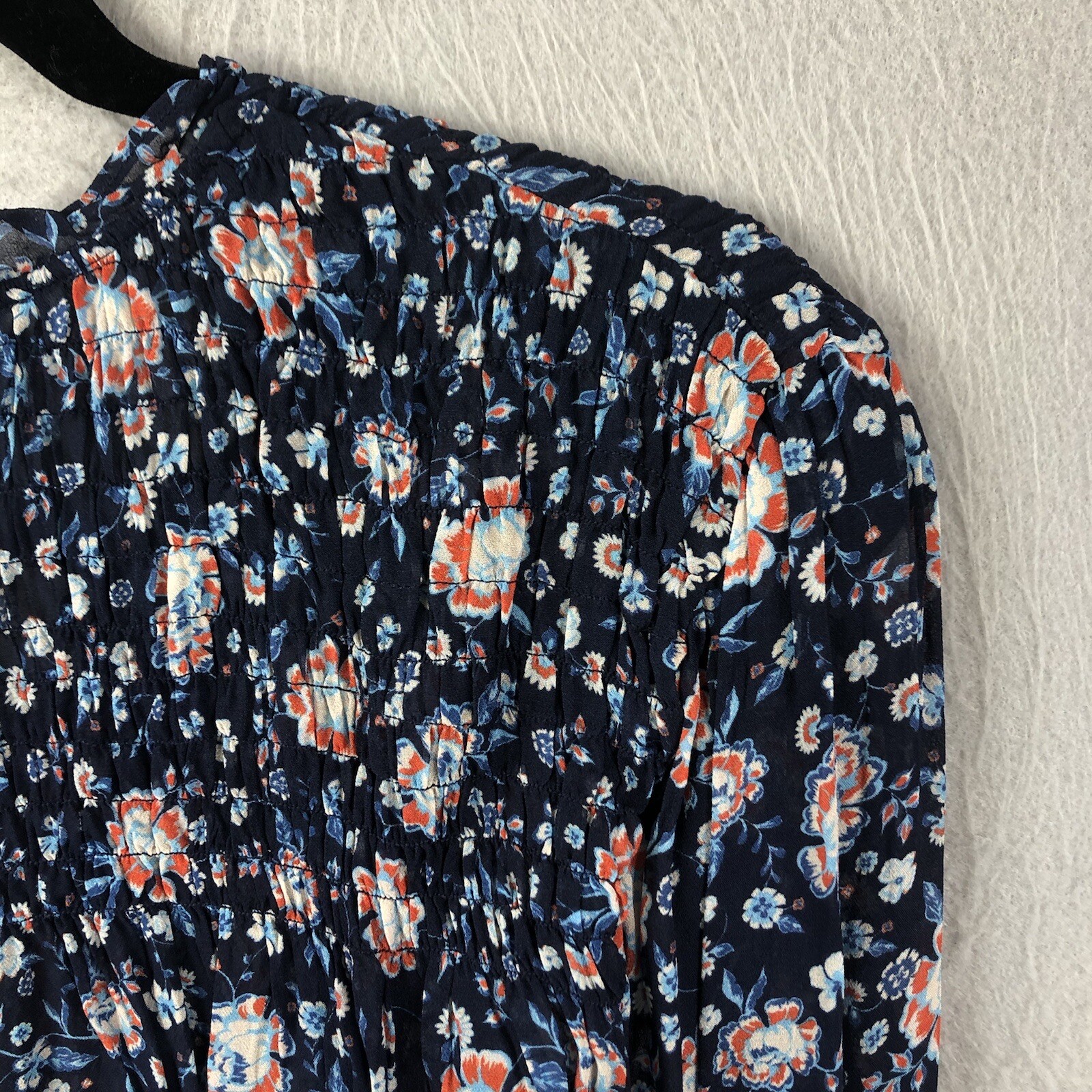 Dear John Top Womens Medium Blue Floral Sheer Smocked Flowy Boho Peasant Cottage