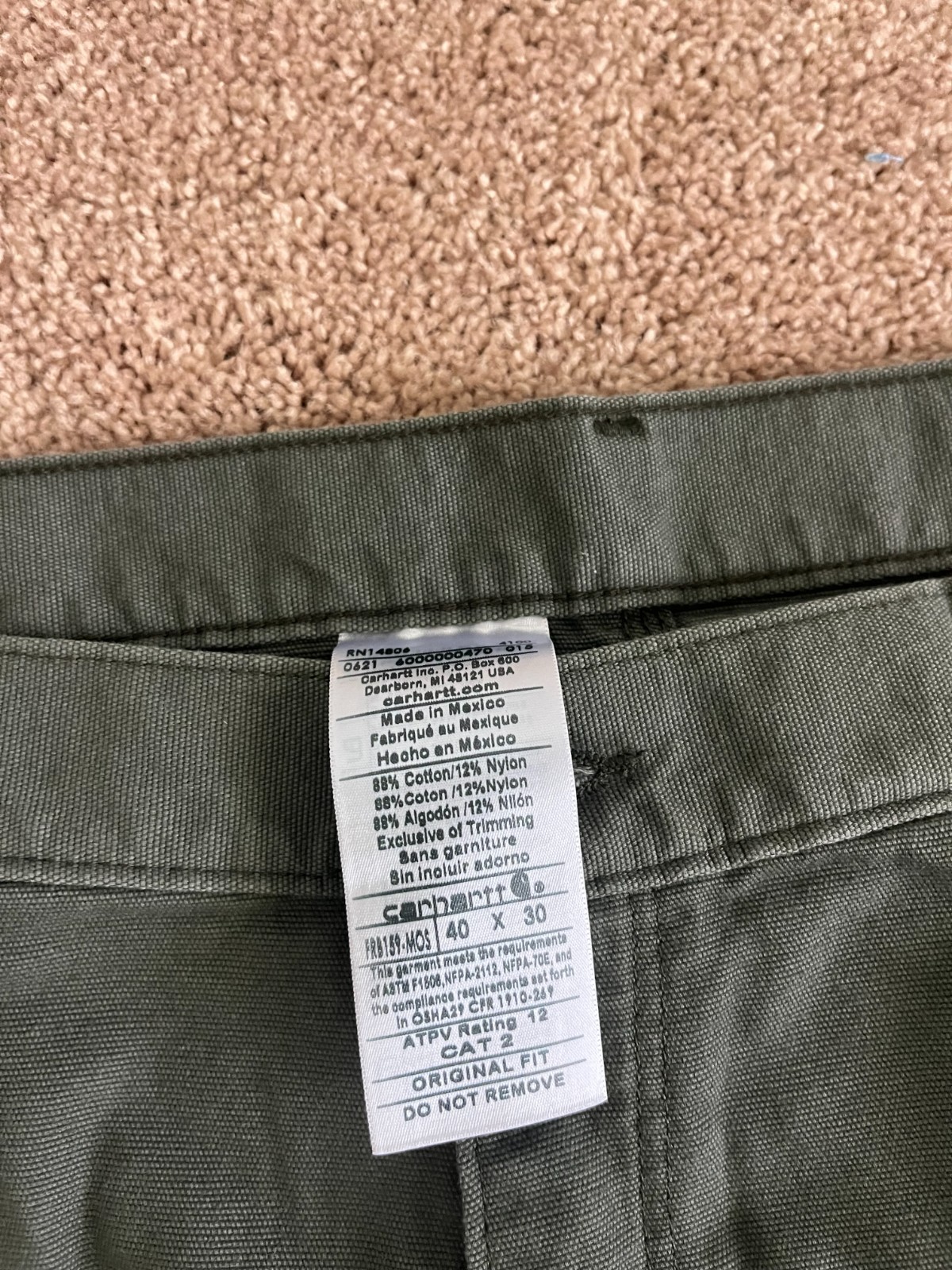 Carhartt FR Pants Men’s 40×30 Moss Green Midweight Canvas Flame Resistant 2112