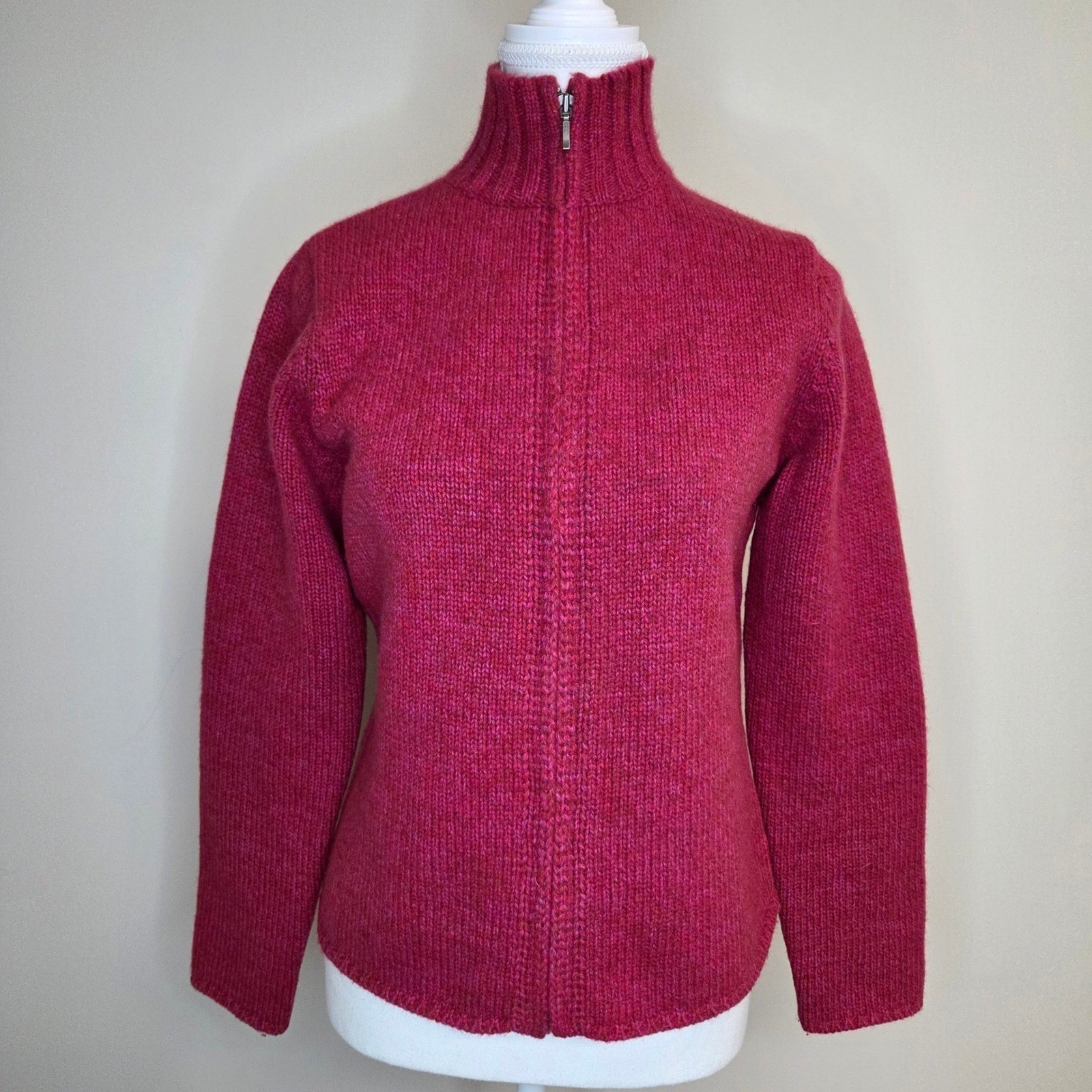LL Bean Womens Magenta Pink Lambswool Angora Zip Up Mock Neck Sweater S-REG