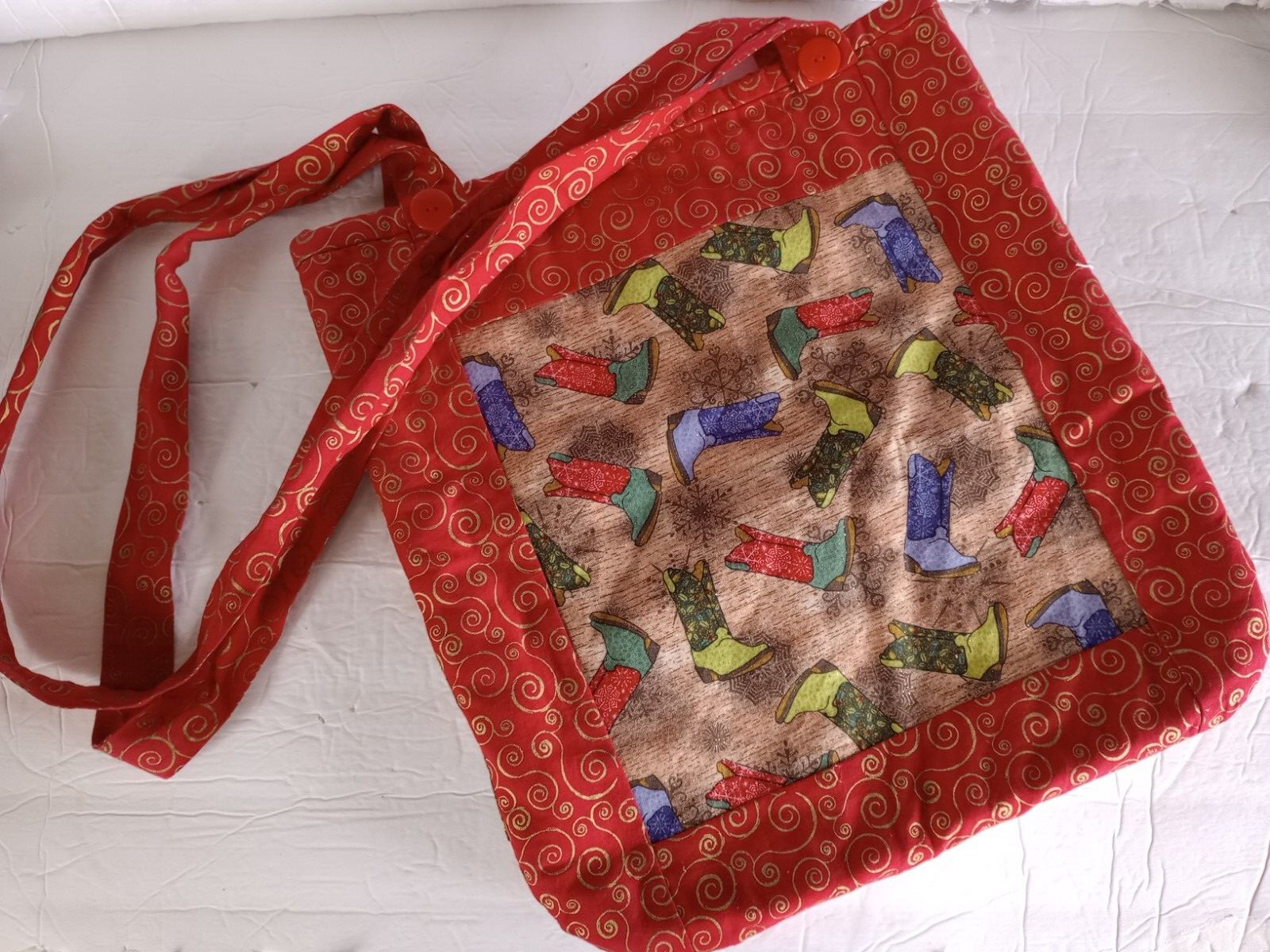 Handmade Cloth Re-Usable Shopping Tote Bag Cowboy Boot Print Colorful Red Sparkl