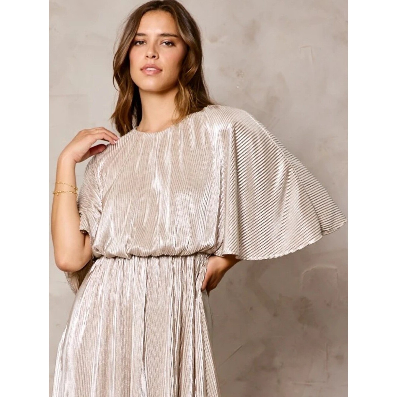 Celadon Cape Metallic Champaigne Pleated Maxi Dress with Front Slit