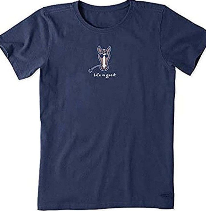LIFE IS GOOD NWT Horse Pony Navy Blue Crisher Tee Women’s Sz Large NEW ~Sealed