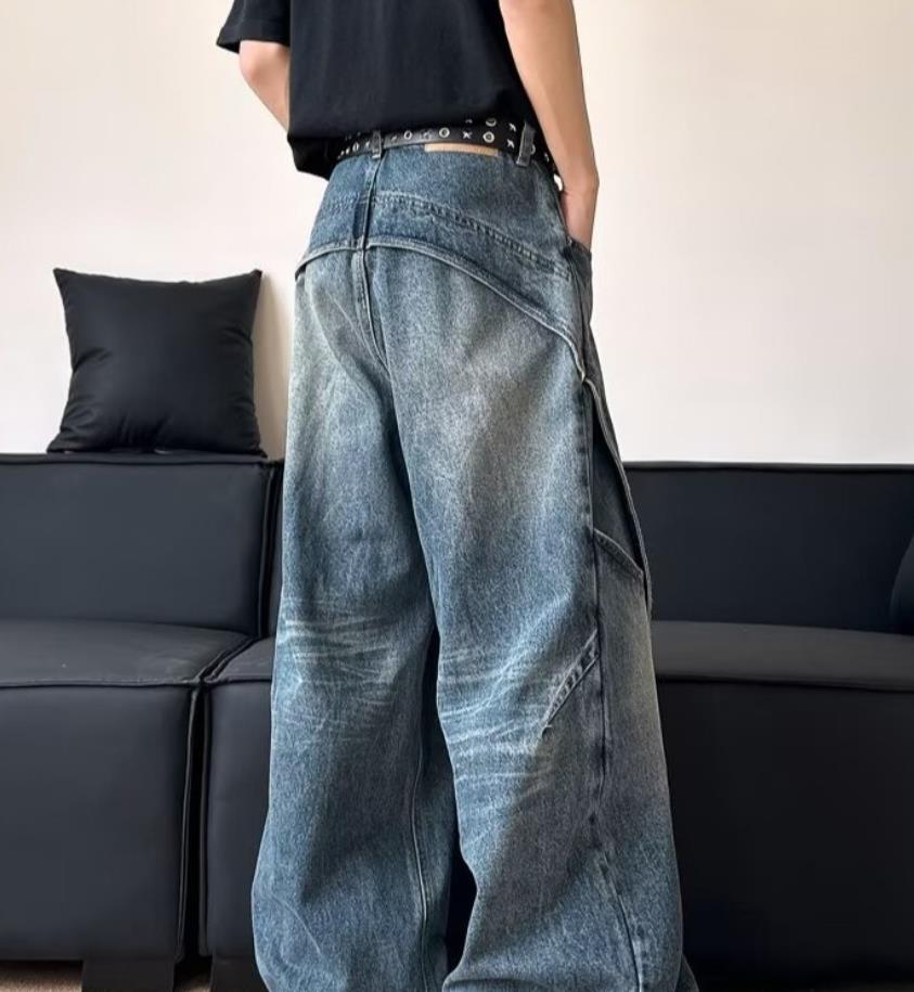 Men’s Retro Blue Denim Loose Fit Jeans Pockets Punk Hip Hop Trousers Casual New