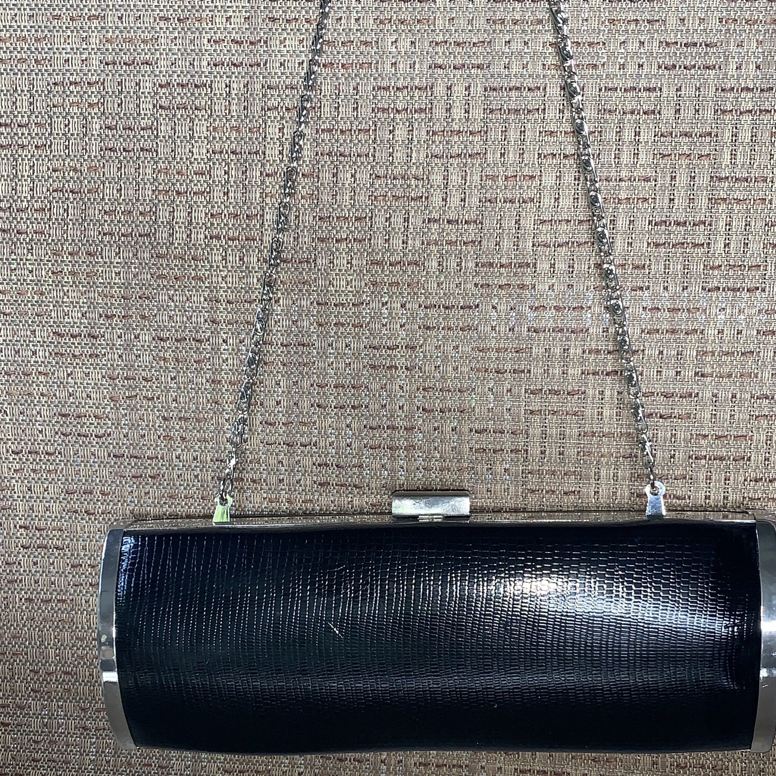 Style & Co Black Lizard Grain Cylinder Clutch Evening Bag Silver Chain Strap