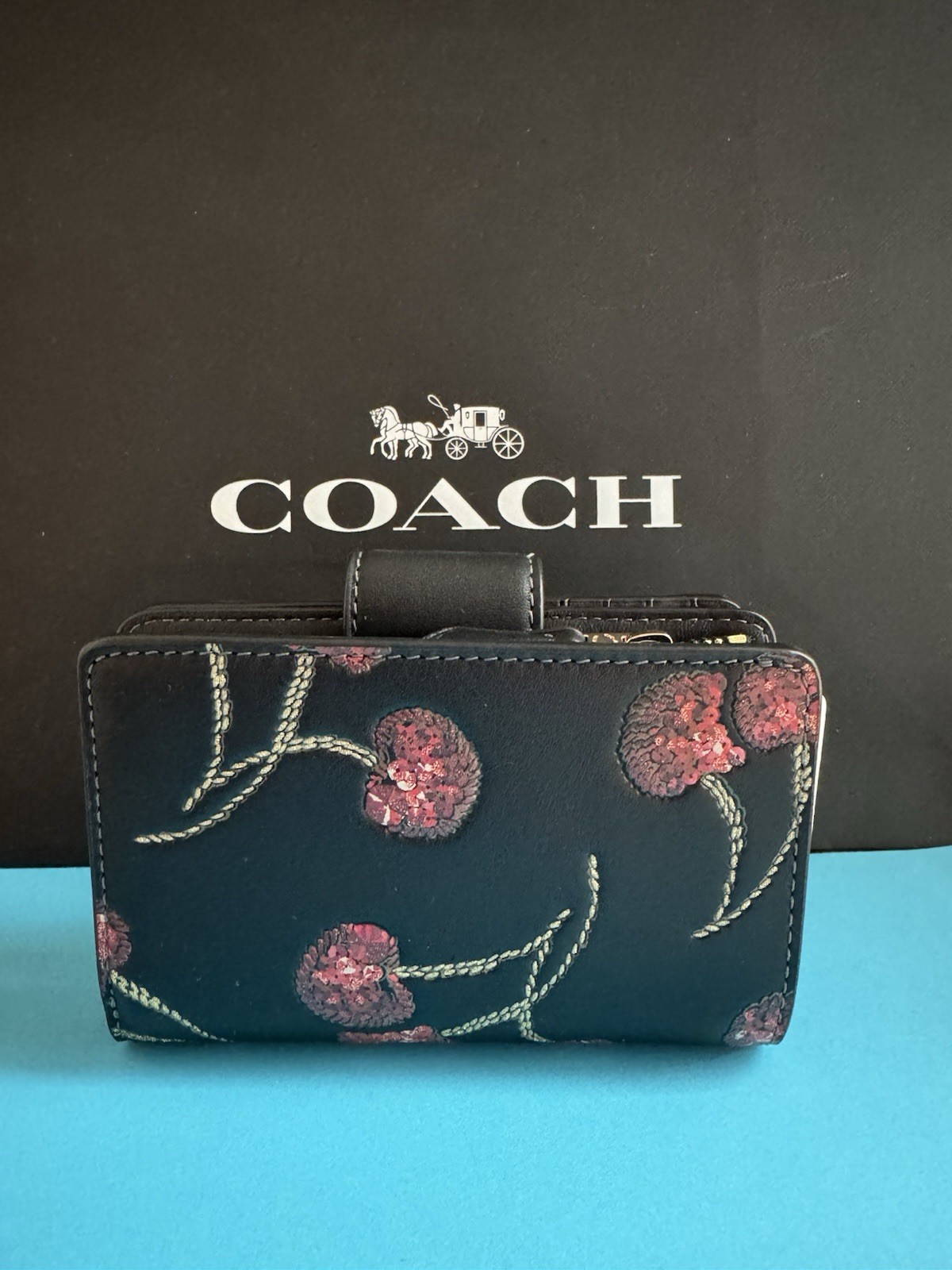 NWT Coach Medium Corner Zip Wallet With Cherry Print Leather Gold /Black Multi