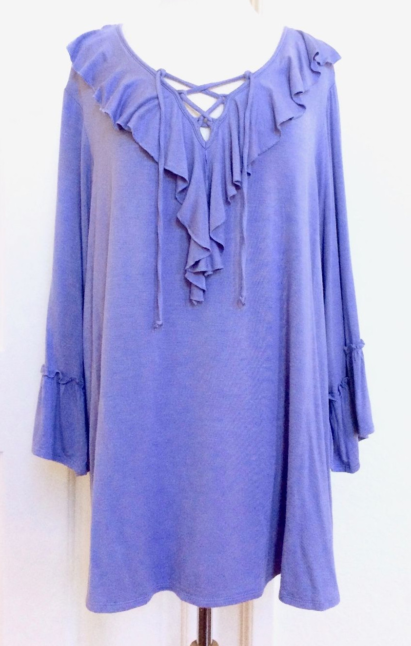 AVENUE *NWT 18/20 BLUE ELEGANCE TIE V NECK BELL SLEEVES TUNIC TOP (2X) $53