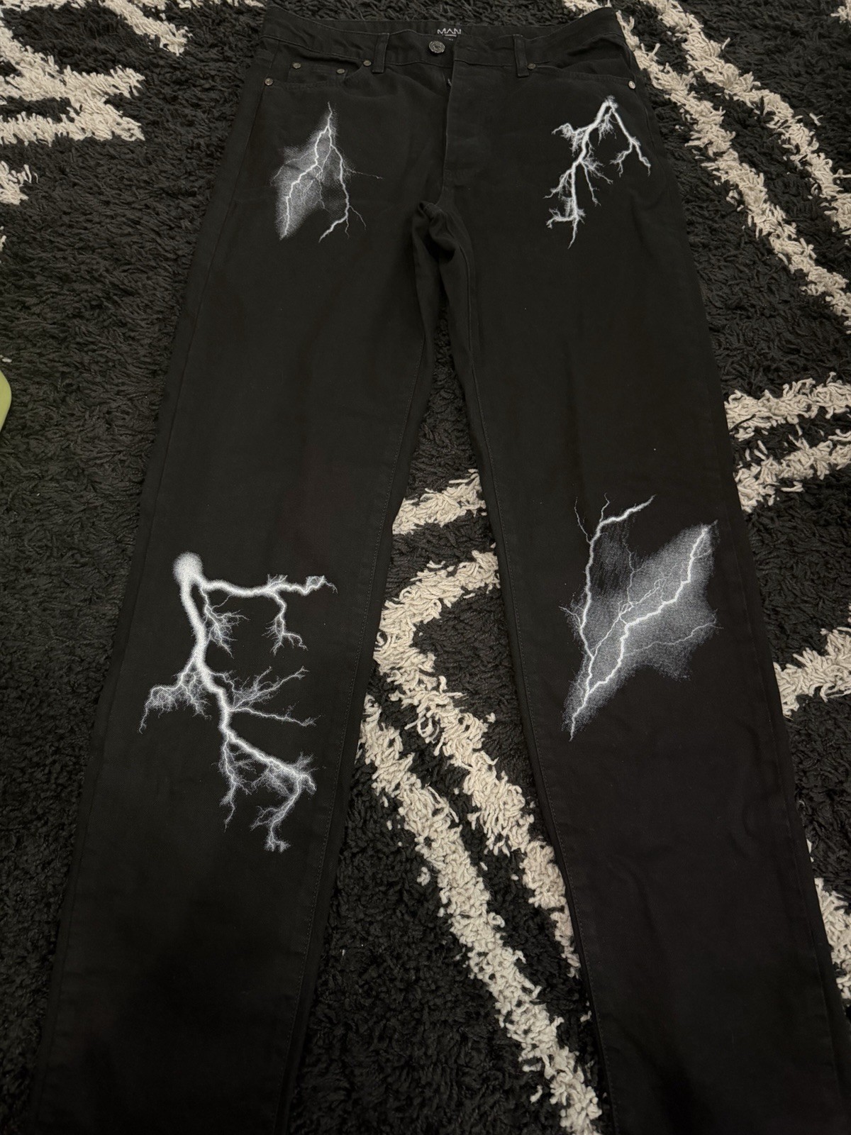 boohoo man Men’s Black Denim Jeans White Lightning Graphic Print Straight Fit